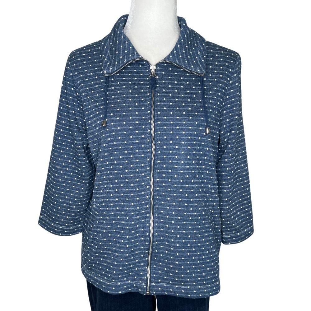 Chico’s WEEKENDS Dottie Terry Zip Front 3 Quarter Sleeve Jacket Blue Medium M 8